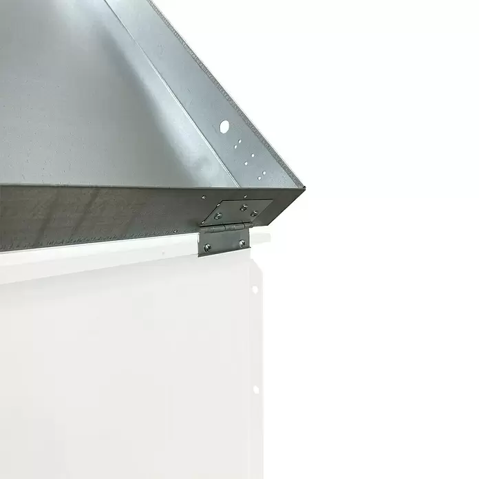 Wippro Bodentreppen-Oberdeckel HOD Eurostep - Nicht isoliert, Manuell bedienbar, nach hinten öffnend, Fixierstab, Passend für: Wippro Bodentreppe Eurostep 120 × 60 cm - Abgewinkelte, verzinkte Stahldeckelklappe auf weißem Behälter, mit Scharniermechanismus und Schraubbefestigungen.