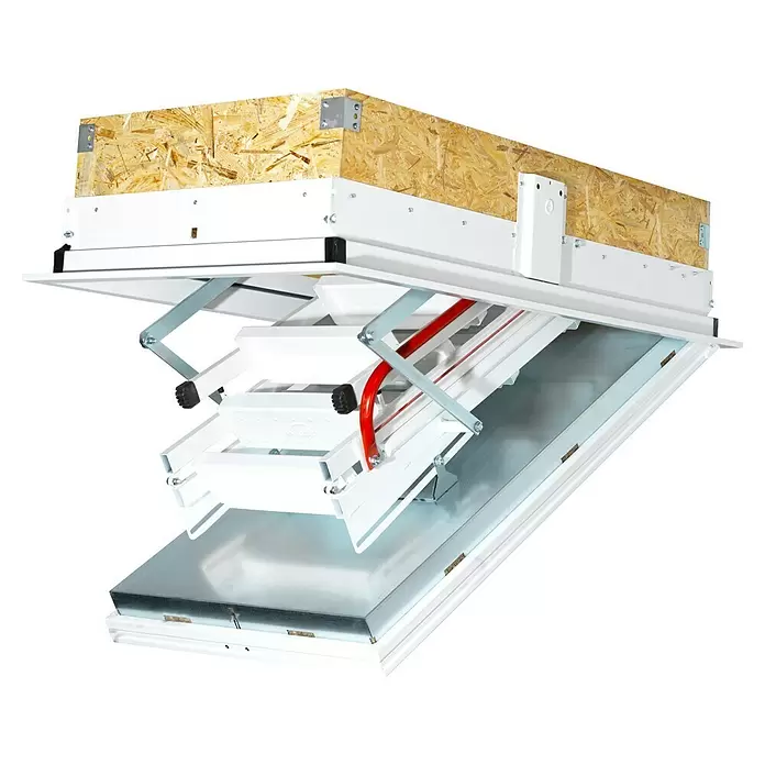 Wippro Bodentreppe Isotec Smart - 120 x 70 cm, Wärmedämmung: 0,33 W/(m²K) - Offene weiße Metall-Dachbodentreppe mit rotem Handlauf, in einem Holzrahmen installiert.