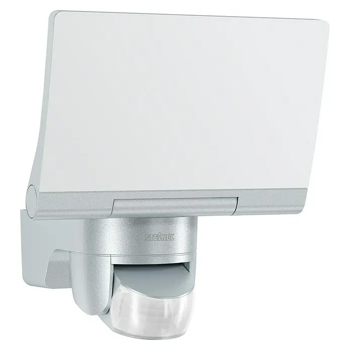 Steinel LED-Sensor-Strahler XLED home 2 S silber - 13,7 W, L x B x H: 161 x 180 x 218 mm, Silber, IP44 - Bild einer STEINEL-Außenleuchte mit Bewegungsmelder, perfekt für Sicherheit und Beleuchtung im Außenbereich.
