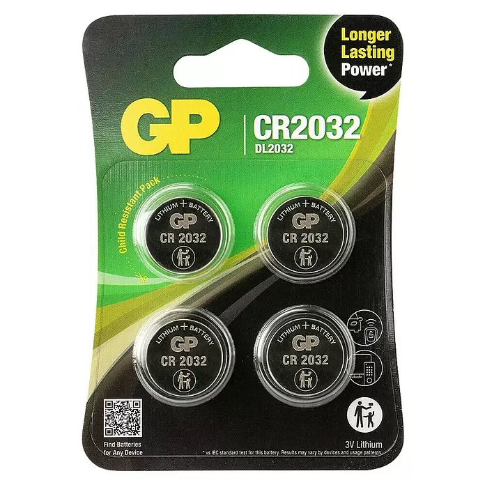 GP Lithium Batterie Knopfzellen CR2032 3V - 4 Stk. - GP CR2032 Lithium-Knopfzellen 4er-Pack in schwarz-grüner Blisterverpackung, mit kindersicheren Merkmalen und längerer Leistung.