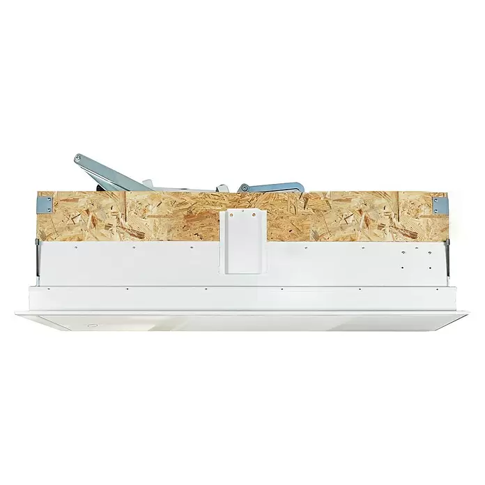 Wippro Bodentreppe Isotec Smart - 120 x 70 cm, Wärmedämmung: 0,33 W/(m²K) - Schnittbild einer Bodentreppenluke mit OSB-Rahmen, weißer Verkleidung und Metall-Faltmechanismus.