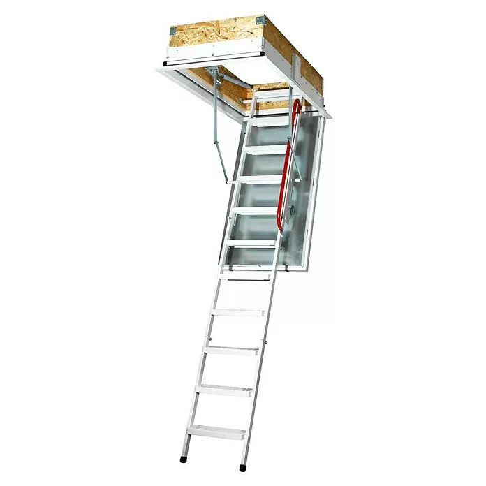 Wippro Bodentreppe Isotec Smart - 120 x 70 cm, Wärmedämmung: 0,33 W/(m²K) - Weiße Metall-Dachbodentreppe mit Holzrahmen und rotem Handlauf, zum Zugang ausgeklappt.
