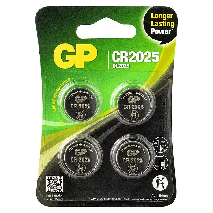 GP Lithium Batterie Knopfzellen CR2025 3V - 4 Stk. - Vier GP CR2025 3V Lithium-Knopfzellen in transparenter Blisterverpackung versiegelt, mit sichtbarem Logo.