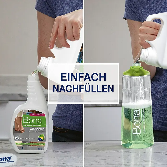 Bona Fliesen- & Laminatreiniger für Hartböden - 4 l, Nachfüllkanister - Das Bild zeigt die einfache Nachfüllung des Bona Reinigers für Hartböden in eine Sprühflasche, um die Wiederverwendung zu fördern.