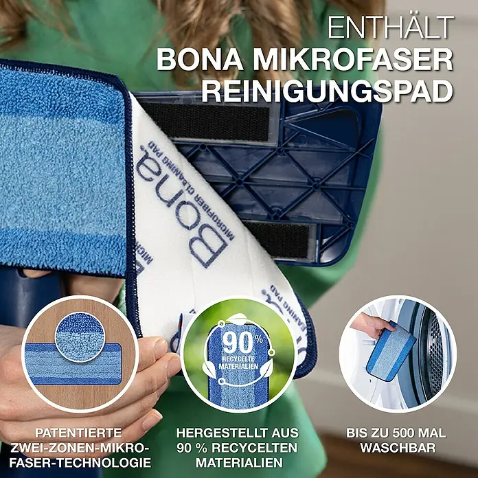 Bona Reinigungs-Set Parkett - 1 x Cleaner, 1 x Mop, 1 x Microfaser-Reinigungspad - Nahaufnahme des Bona Mikrofaser Reinigungspads, hergestellt aus 90 % recycelten Materialien und bis zu 500 Mal waschbar.