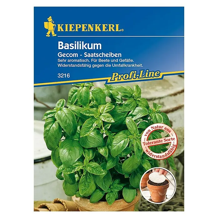 Kiepenkerl Profi-Line Kräutersamen Basilikum Gecom - Ocimum basilicum Gecom, Saatzeit: Ganzjährig, Erntezeit: Ganzjährig - Bild einer Kiepenkerl Basilikum Gecom-Saatscheiben-Packung mit der Aufschrift "Profi-Line" und der Abbildung einer Basilikumpflanze.