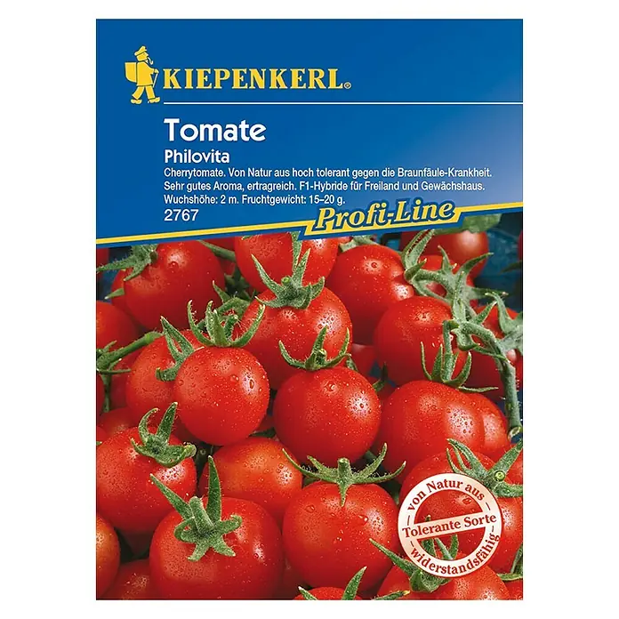 Kiepenkerl Profi-Line Gemüsesamen Tomate Philovita - Lycopersicon esculentum, Erntezeit: Juli - Abbildung einer Kiepenkerl Tomate 'Philovita' Samenpackung, die leuchtend rote Cherrytomaten zeigt.
