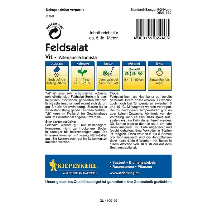 Kiepenkerl Profi-Line Salatsamen Feldsalat Vit - Valerianella locusta, Erntezeit: Januar, Saatzeit: September - Abbildung des Kiepenkerl Feldsalat 'Vit' Saatguts, einer robusten Sorte für den Anbau im Freiland oder Gewächshaus.