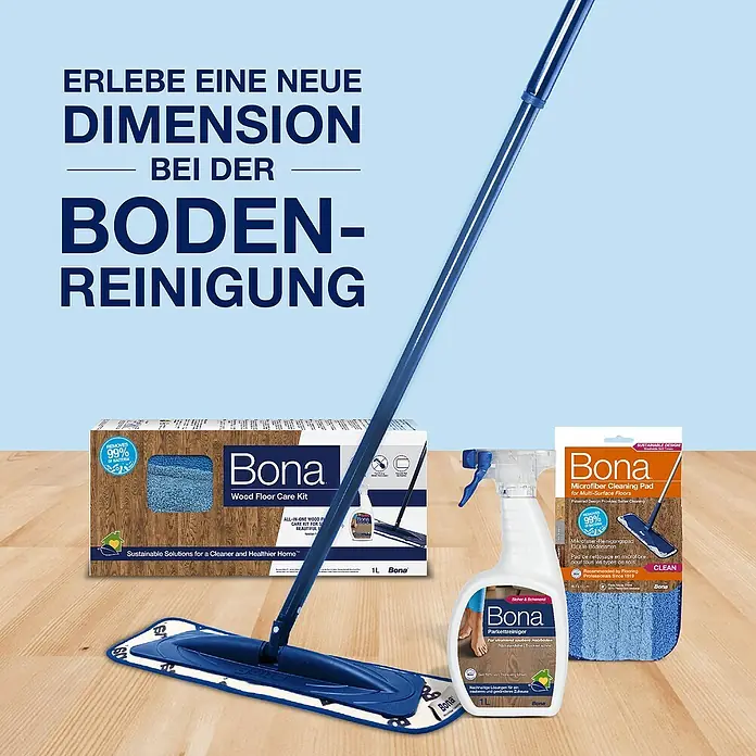 Bona Reinigungs-Set Parkett - 1 x Cleaner, 1 x Mop, 1 x Microfaser-Reinigungspad - Abbildung des Bona Bodenreinigungs-Sets mit Mopp, Reiniger und Reinigungspads für eine effektive und nachhaltige Bodenpflege.