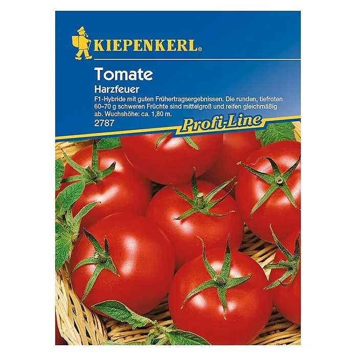 Kiepenkerl Profi-Line Gemüsesamen Tomate Harzfeuer - Lycopersicon esculentum, Erntezeit: Juli - Abbildung der Kiepenkerl Tomate Harzfeuer, einer F1-Hybride mit runden, tiefroten Früchten. Ideal für ertragreiche Ernten im Garten.
