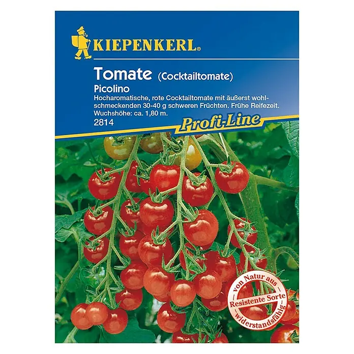 Kiepenkerl Profi-Line Gemüsesamen Cocktailtomate Picolino F1 - Lycopersicon esculentum, Erntezeit: Juli - Samentüte mit dem Bild von Kirschtomaten der Sorte 'Picolino', einer resistenten Sorte, die sich ideal für den Anbau im eigenen Garten eignet.