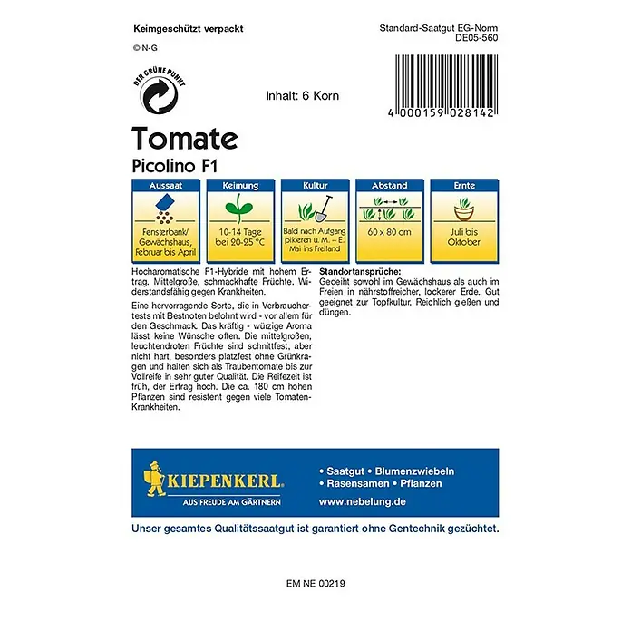 Kiepenkerl Profi-Line Gemüsesamen Cocktailtomate Picolino F1 - Lycopersicon esculentum, Erntezeit: Juli - Abbildung einer Saatguttüte der Tomatensorte Picolino F1 von Kiepenkerl mit Informationen zu Anbau und Ernte.