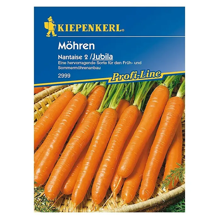 Kiepenkerl Profi-Line Gemüsesamen Möhre Jubila - Daucus carota ssp. sativus, Erntezeit: Juni - Abbildung einer Kiepenkerl Möhren Nantaise 2/Jubila-Samenpackung, mit vielen Karotten.