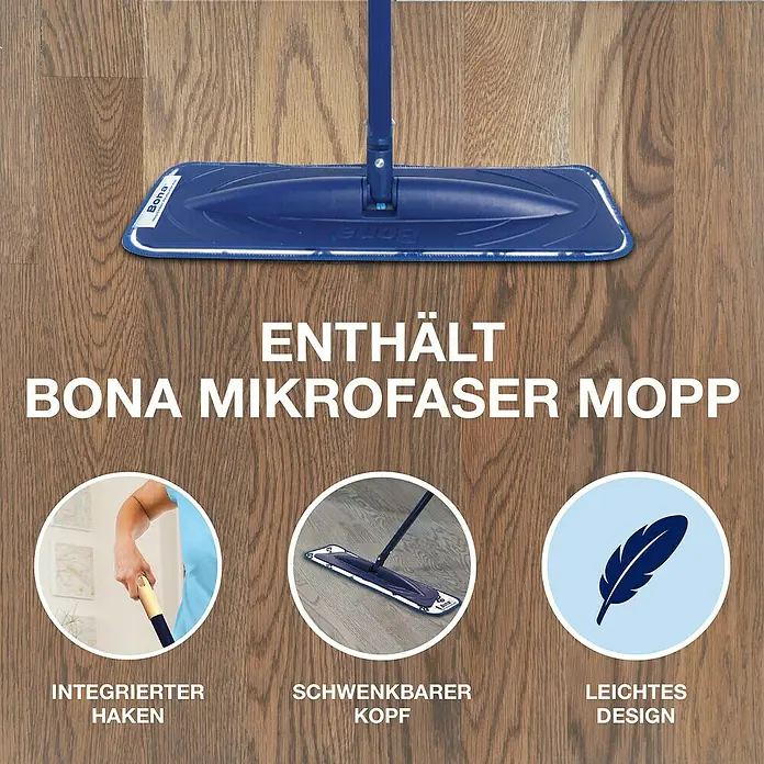 Bona Reinigungs-Set Parkett - 1 x Cleaner, 1 x Mop, 1 x Microfaser-Reinigungspad - Bild einer Bona Mikrofaser Mop, der eine integrierte Hakenfunktion, einen schwenkbaren Kopf und ein leichtes Design bietet.