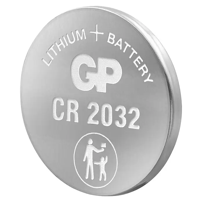 GP Lithium Batterie Knopfzellen CR2032 3V - 4 Stk. - Silberne GP CR2032 Lithium-Knopfzelle mit Kindersicherheitssymbol.