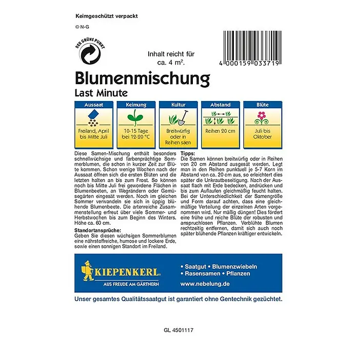 Kiepenkerl Profi-Line Blumensamenmischung Last Minute - Verschiedene Sorten, Blütezeit: Juli, 4 m² - Abbildung der Blumenmischung Last Minute, geeignet für ca. 4 m², mit Aussaat-, Keimungs-, Kultur-, Abstands- und Blütehinweisen.