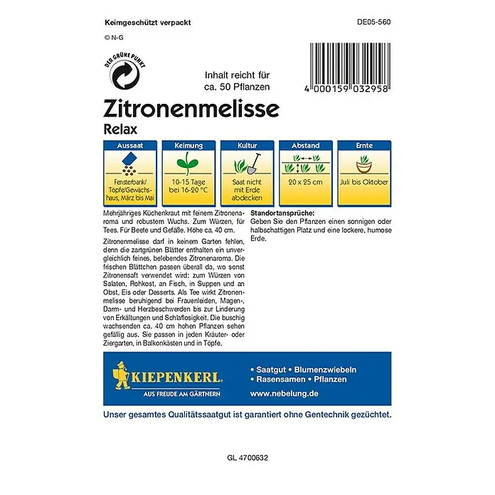Kiepenkerl Profi-Line Kräutersamen Zitronenmelisse Relax - Melissa officinalis, Erntezeit: Juli - Abbildung der Verpackung von Zitronenmelisse Relax-Samen von Kiepenkerl, ideal für den Kräutergarten oder Balkon.