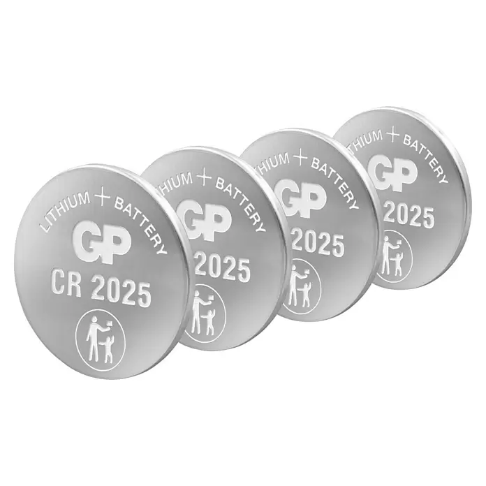 GP Lithium Batterie Knopfzellen CR2025 3V - 4 Stk. - Vier silberne Lithium-Knopfzellenbatterien mit „GP CR 2025“-Beschriftung.
