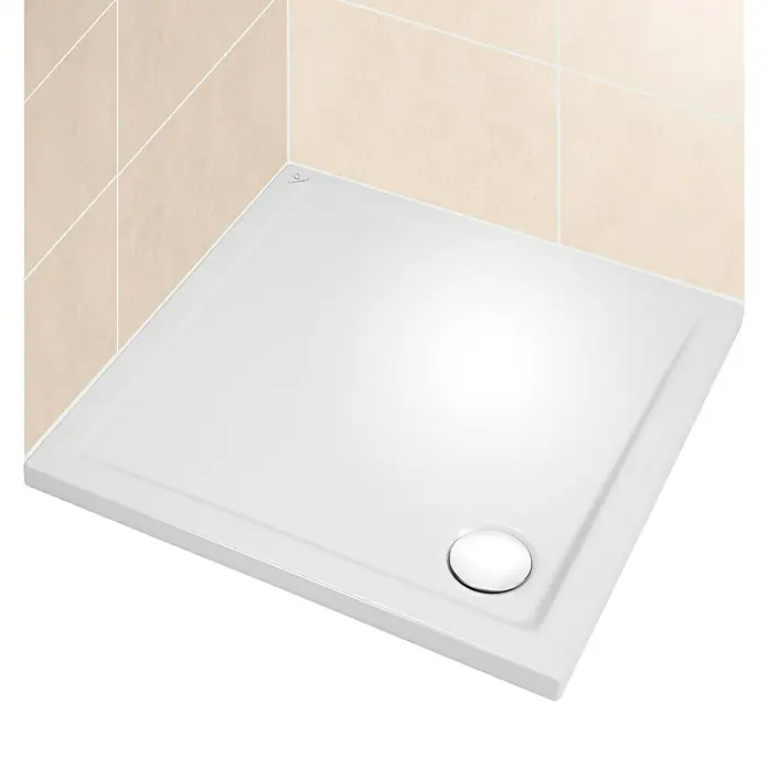 Camargue Duschwanne St. Moritz - L x B: 80 x 80 cm, Sanitäracryl, Weiß - Quadratische, weiße Duschwanne mit flachem Design und zentralem Abfluss, ideal für moderne Badezimmer.