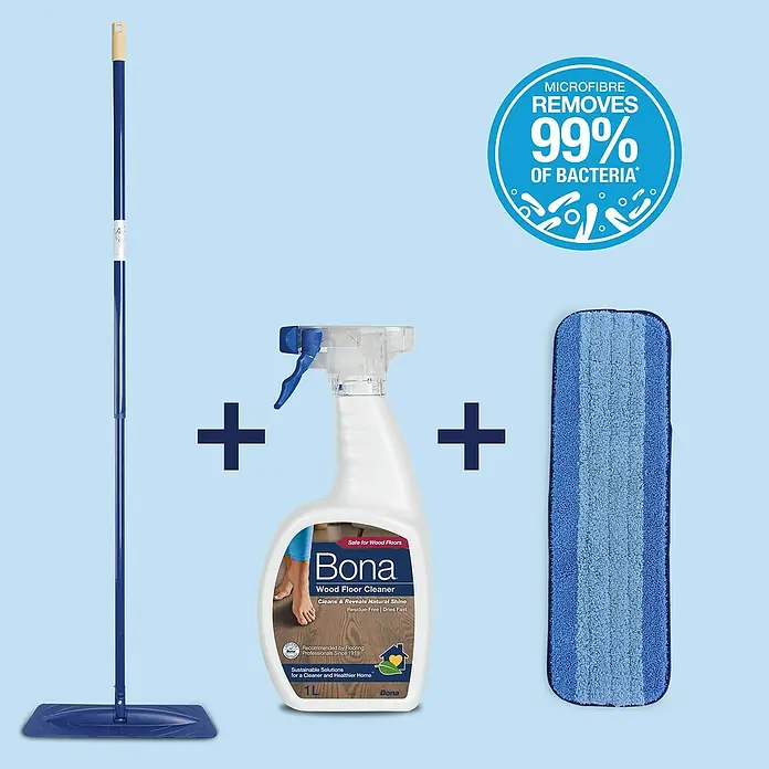 Bona Reinigungs-Set Parkett - 1 x Cleaner, 1 x Mop, 1 x Microfaser-Reinigungspad - Bona Holzboden-Reinigungsset mit Mopp, Reiniger und Mikrofaserpad für eine effektive und schonende Reinigung von Holzböden.