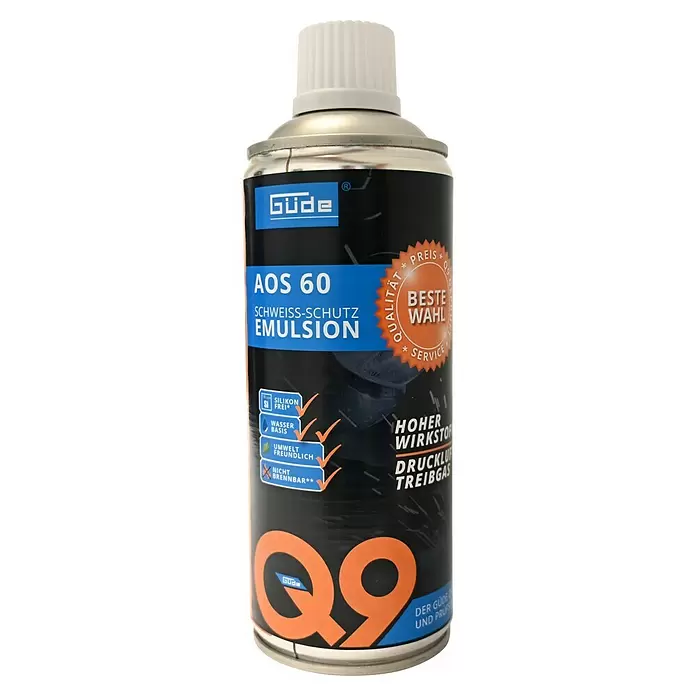 Güde Spezialspray - 300 ml - Güde AOS 60 Schweißschutzemulsion Spraydose, schwarz mit blauem Etikett und Q9-Logo.