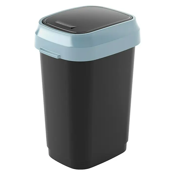 KIS Schwingdeckeleimer Dual Swing - 10 l, Schwarz/Grau, Kunststoff - Schwarzer Mülleimer mit hellblauem Deckel. Moderner Abfallbehälter für Küche und Büro mit stilvollem Design.
