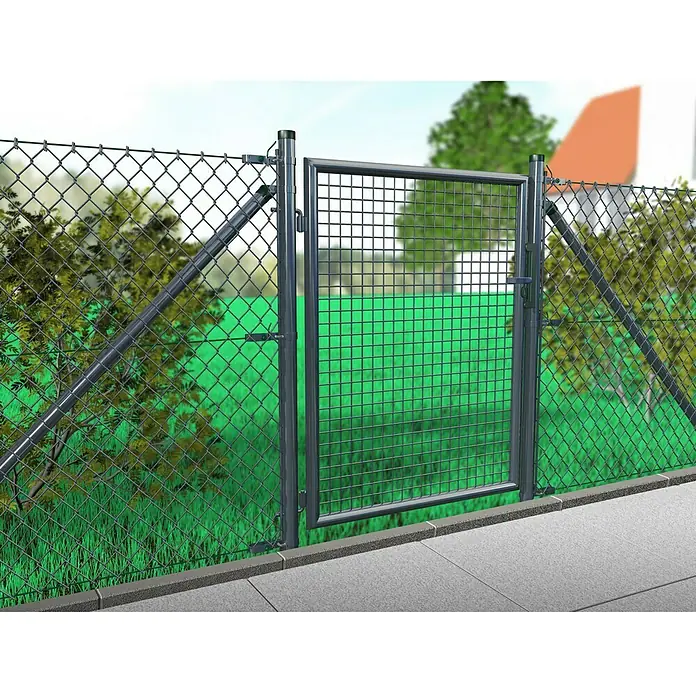 Hadra Maschendrahtzaun-Set - 25 x 1 m, Drahtstärke: 2,8 mm, Anthrazit, Beschichtet - Hier ist ein Maschendrahtzaun mit einem Gittertor, das einen sicheren und geschützten Bereich bietet. Ideal für Gärten und Grundstücke.