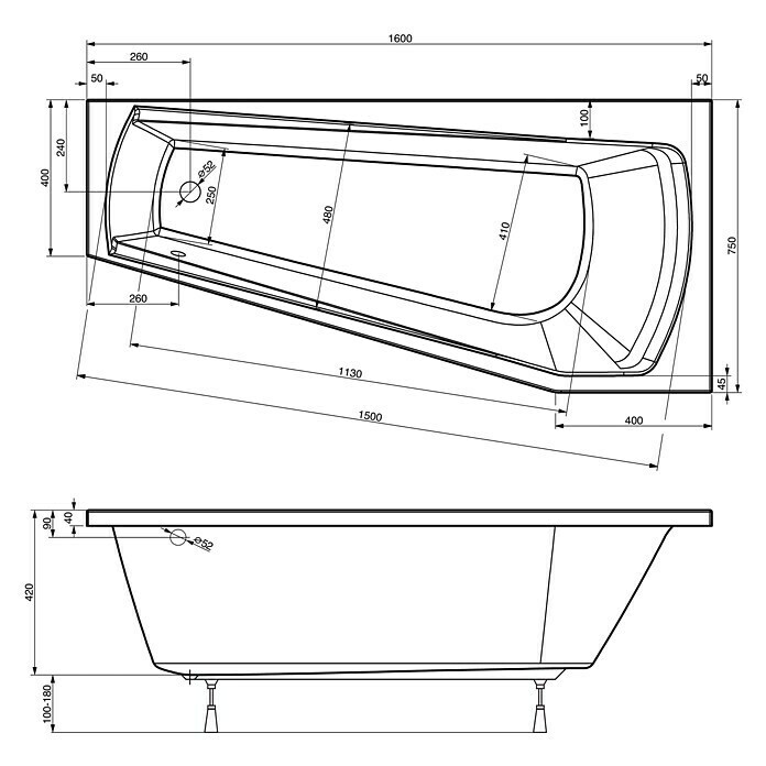 Ottofond Badewanne Bari Mod. ARechtsseitig, 160 x 75 cm, Sanitäracryl, Weiß View From Above