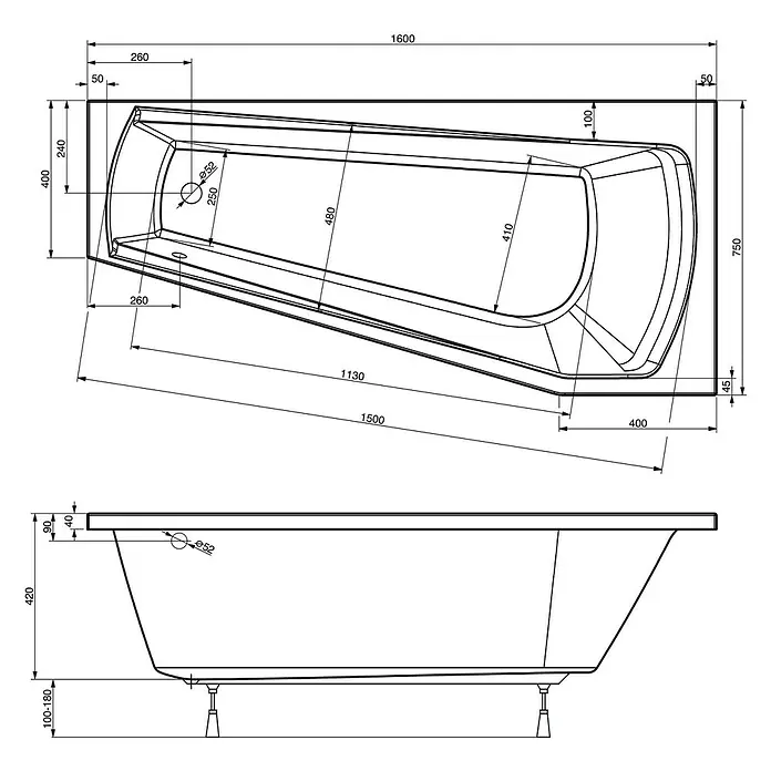 Ottofond Raumsparbadewanne Bari Mod. A - 160 x 75 cm, Sanitäracryl, Weiß, Rechts - Technische Zeichnung einer rechteckigen Badewanne mit den Maßen 1600 x 750 mm und einer Höhe von 420 mm.