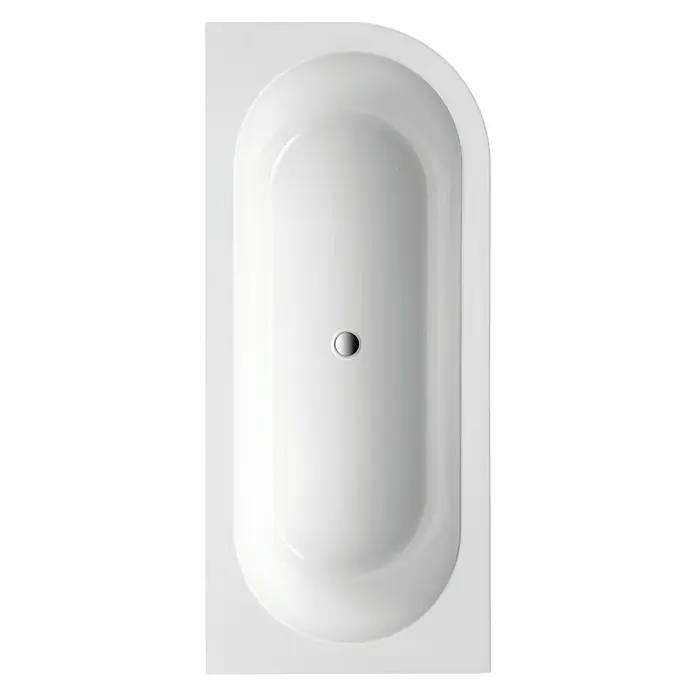 Ottofond Badewanne Siesta Corner - 178 x 78 cm, Sanitäracryl, Weiß, Rechts - Draufsicht auf eine moderne, rechteckige Badewanne mit abgerundetem Ende und einem mittig platzierten Abfluss.
