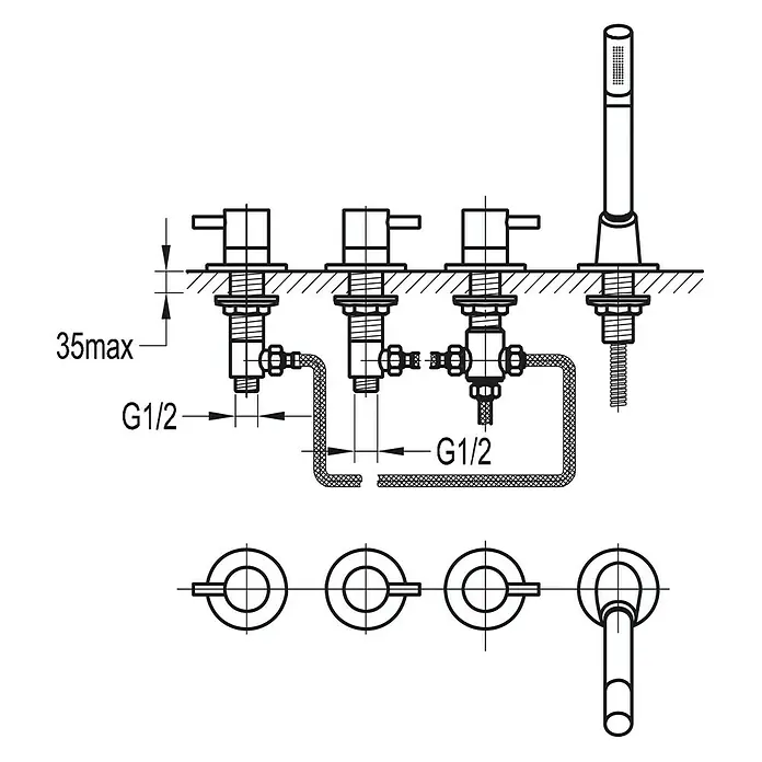 Ottofond Badewannenrandarmatur U 10000 - Chrom, Glänzend - Produktzeichnung einer Vierloch-Waschtischbatterie mit Maßangaben und Details zu den Anschlüssen.