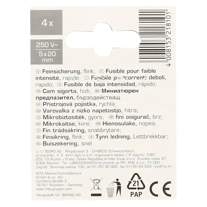 Profi Depot Feinsicherung - F - Flink, 0,63 A, 4 Stk. - Verpackung von vier Feinsicherungen, 250V, 5x20mm, ideal für elektronische Geräte, mit Recyclinghinweisen.