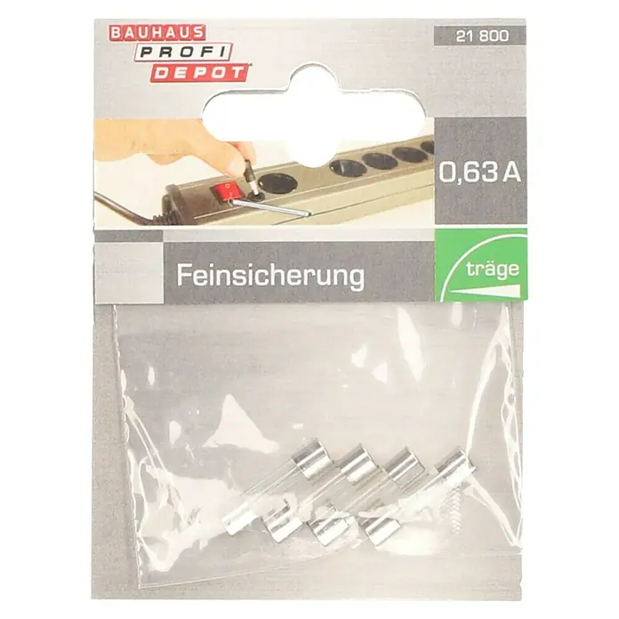 Profi Depot Feinsicherung - T - Träge, 0,63 A, 4 Stk. - Abbildung einer Packung Feinsicherungen 0,63A von Bauhaus Profi Depot, verpackt in einer durchsichtigen Plastiktüte.