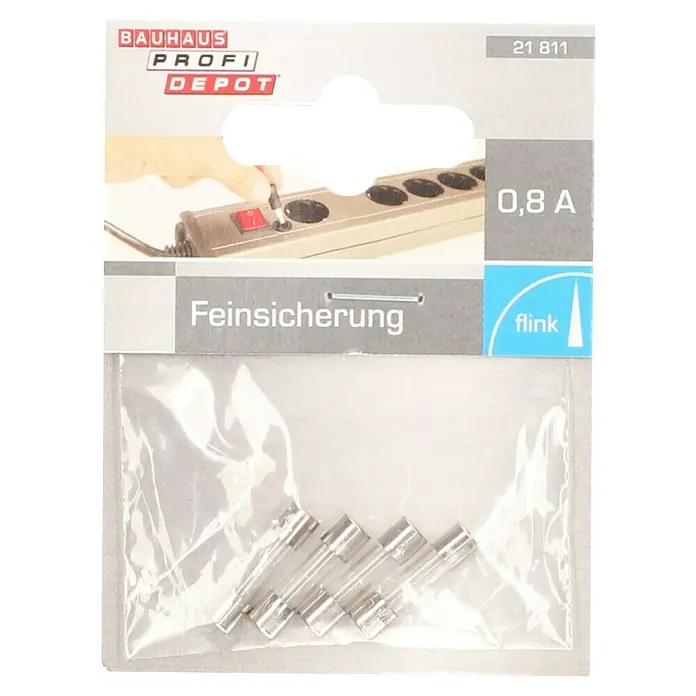 Profi Depot Feinsicherung - F - Flink, 0,8 A, 4 Stk. - Eine Packung Feinsicherungen von Bauhaus Profi Depot, 0,8 A, verpackt in einer durchsichtigen Plastiktüte.