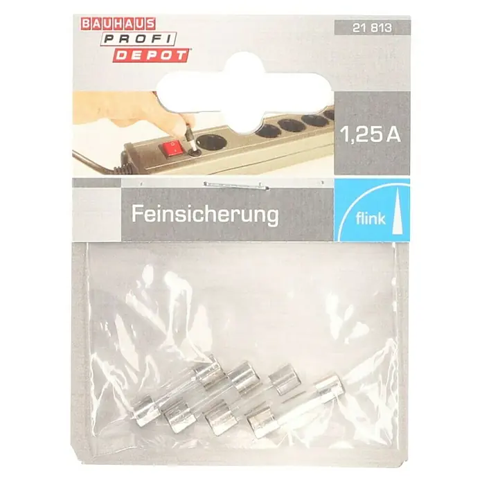 Profi Depot Feinsicherung - F - Flink, 1,25 A, 4 Stk. - Verpackung mit Feinsicherungen von Bauhaus Profi Depot, 1,25A, flink. Im Vordergrund eine transparente Packung mit mehreren Sicherungen.