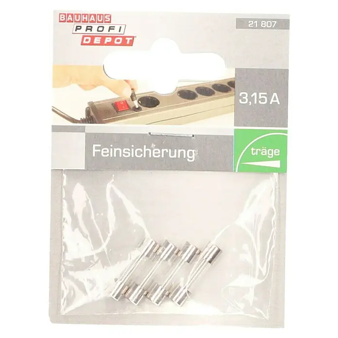 Profi Depot Feinsicherung - T - Träge, 3,15 A, 4 Stk. - Packung mit 5 trägen Feinsicherungen mit 3,15 A für Geräte, zur Absicherung von Stromkreisen und zum Schutz vor Überlastung.