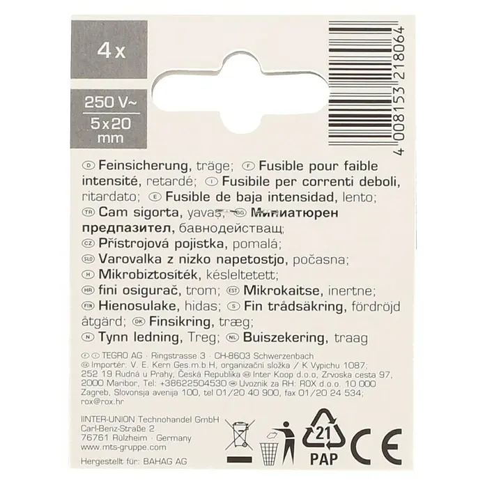 Profi Depot Feinsicherung - T - Träge, 2,5 A, 4 Stk. - Bild einer 4er-Packung träger Feinsicherungen 250V~ 5x20mm, geeignet für Geräte mit geringer Stromstärke.
