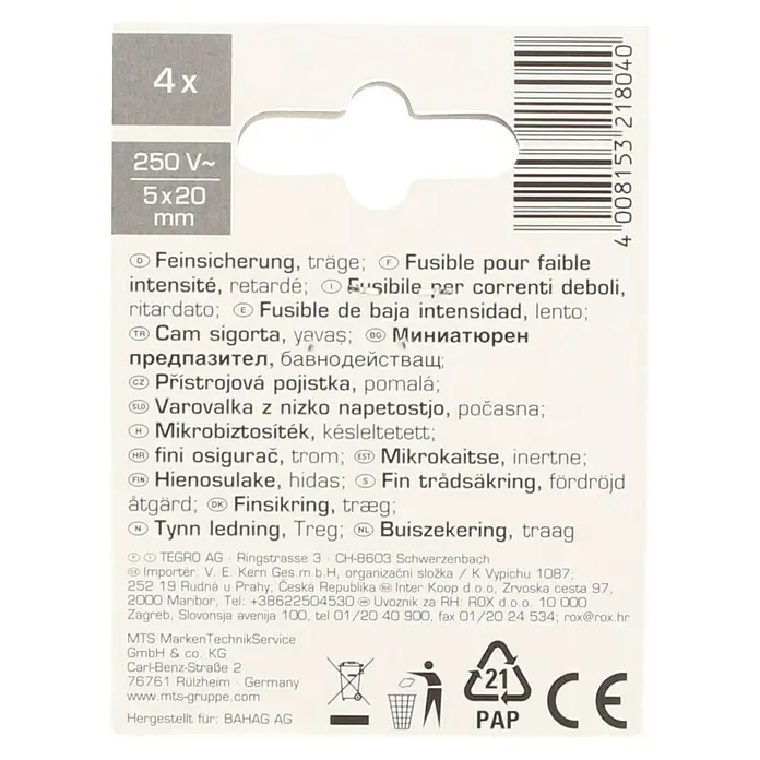 Profi Depot Feinsicherung - T - Träge, 1,6 A, 4 Stk. - Verpackung für 4 Stück träge Feinsicherungen mit 250V und 5x20mm Größe.