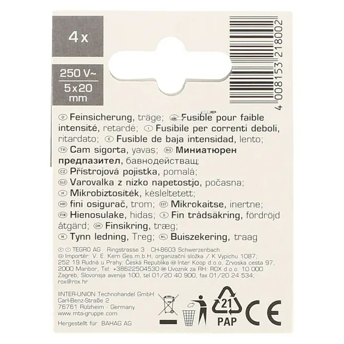 Profi Depot Feinsicherung - T - Träge, 0,63 A, 4 Stk. - Bild einer Verpackung mit vier trägen Feinsicherungen (250V~, 5x20mm) für elektronische Geräte und Anlagen.