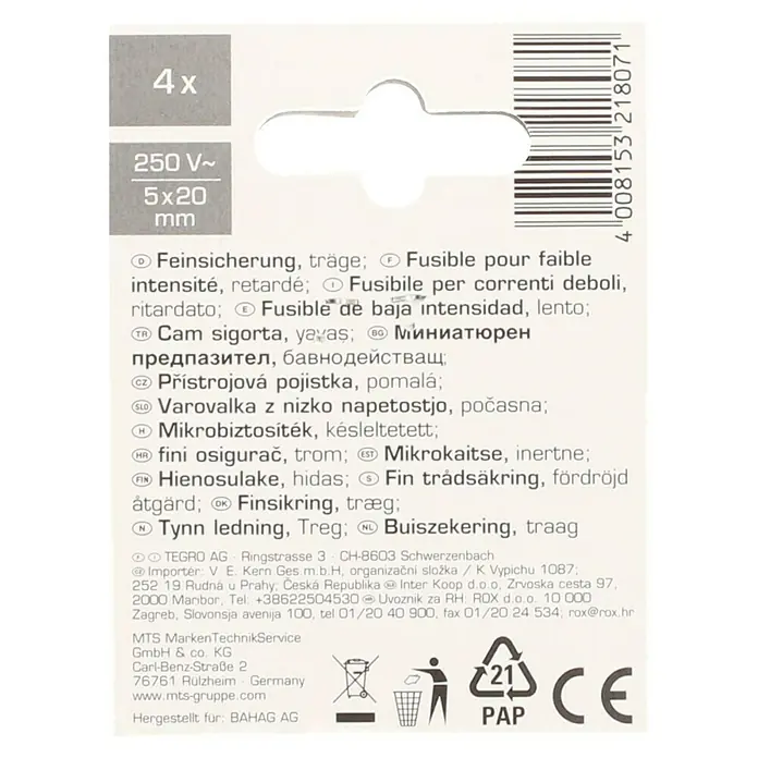 Profi Depot Feinsicherung - T - Träge, 3,15 A, 4 Stk. - Verpackung mit vier trägen Feinsicherungen 250 V~, 5x20 mm für zuverlässigen Schutz vor Überlastung in elektrischen Geräten.