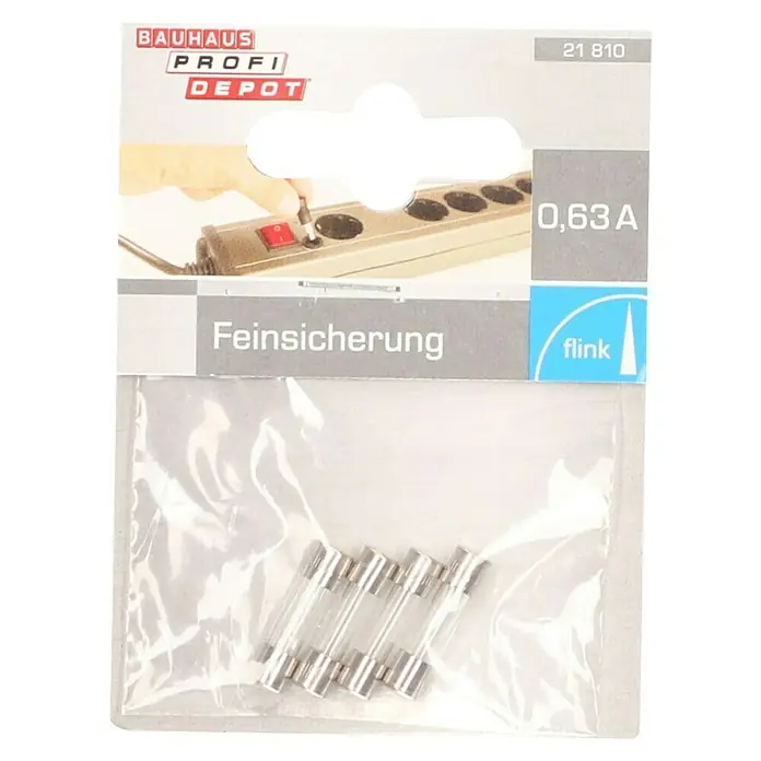 Profi Depot Feinsicherung - F - Flink, 0,63 A, 4 Stk. - Feinsicherungen 0,63A von Bauhaus Profi Depot, verpackt in einer durchsichtigen Plastiktüte. Die Sicherungen sind klein, zylindrisch und mit Metallkappen versehen.