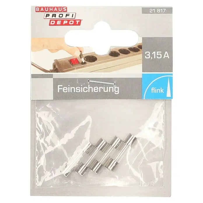 Profi Depot Feinsicherung - F - Flink, 3,15 A, 4 Stk. - Eine Verpackung mit Feinsicherungen 3,15 A von Bauhaus Profi Depot. Im Hintergrund ist eine Steckdosenleiste zu sehen.
