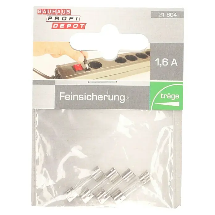 Profi Depot Feinsicherung - T - Träge, 1,6 A, 4 Stk. - Produktaufnahme einer Packung Feinsicherungen von Bauhaus mit 1,6A, träge. Ideal für den Schutz von Elektrogeräten im Haushalt.
