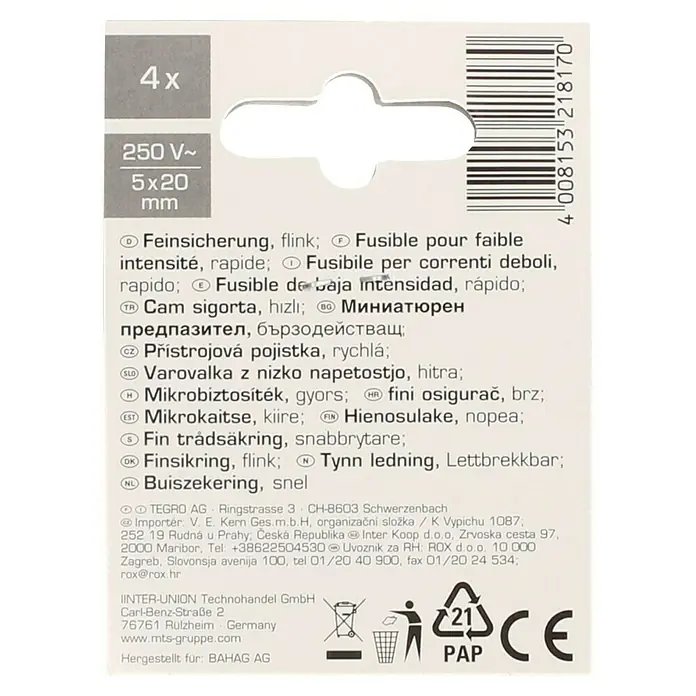 Profi Depot Feinsicherung - F - Flink, 3,15 A, 4 Stk. - Bild einer Verpackung mit 4 Feinsicherungen 5x20mm 250V~, geeignet für Geräte mit niedriger Stromstärke und schneller Auslösung.