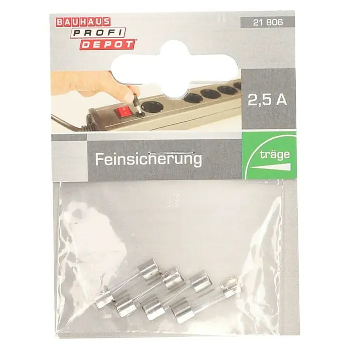 Profi Depot Feinsicherung - T - Träge, 2,5 A, 4 Stk. - Eine Packung Feinsicherungen mit 2,5A Nennstrom von Bauhaus Profi Depot. Ideal für den Schutz empfindlicher elektronischer Geräte.
