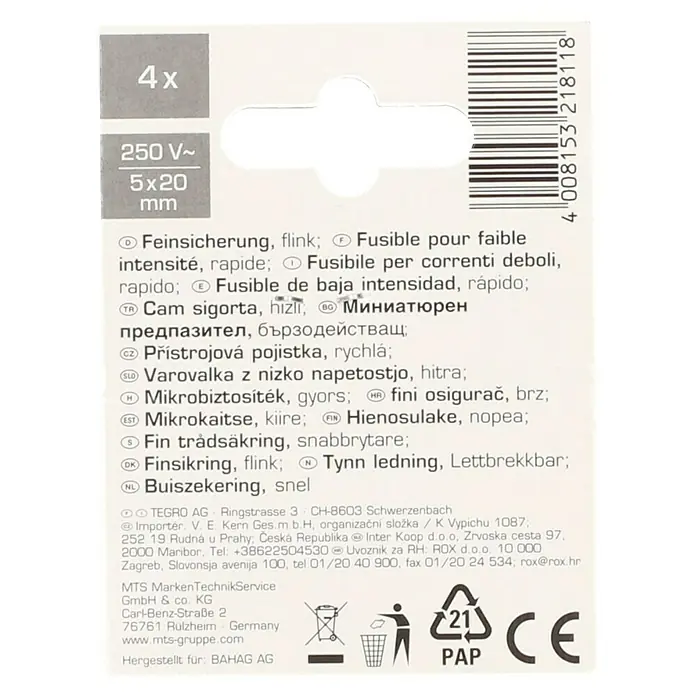 Profi Depot Feinsicherung - F - Flink, 0,8 A, 4 Stk. - Verpackung mit vier Feinsicherungen, 250V, 5x20mm, für schnelles Ansprechen, ideal für sensible Elektronik.