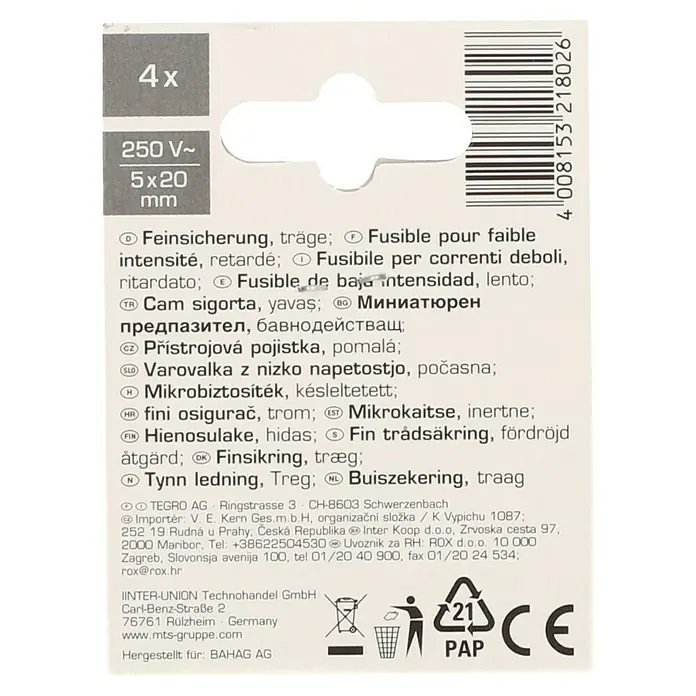 Profi Depot Feinsicherung - T - Träge, 1 A, 4 Stk. - Verpackung mit vier trägen Feinsicherungen (250V~, 5x20 mm) für zuverlässigen Schutz elektronischer Geräte vor Überstrom.