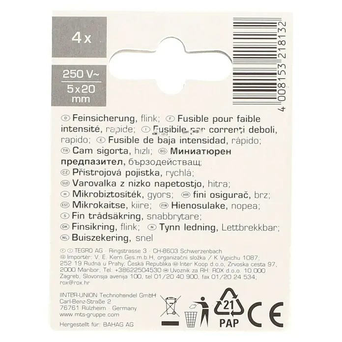 Profi Depot Feinsicherung - F - Flink, 1,25 A, 4 Stk. - Abbildung einer Verpackung von 4 Feinsicherungen (250V~, 5x20mm) mit Recycling- und CE-Kennzeichen.
