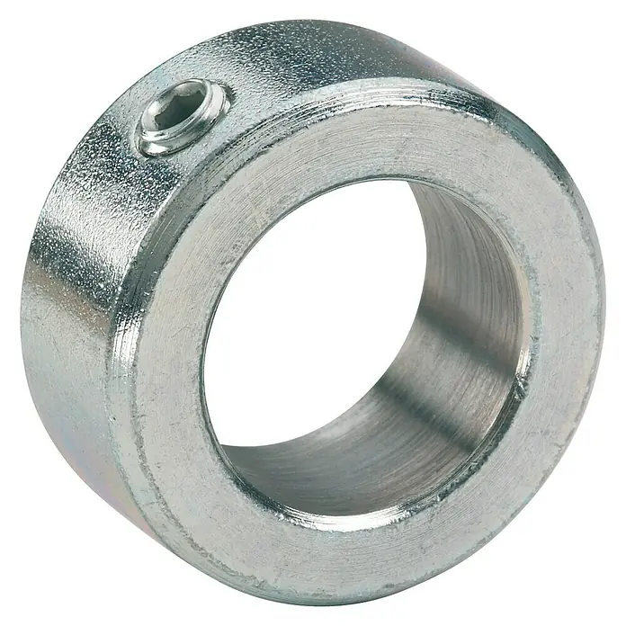Stabilit Stellring - Geeignet für: Lufträder 20 mm Achsendurchmesser, Durchmesser: 32 mm, Verzinkt - Eine silberne Wellenkupplung mit einer Schraube zur Befestigung an einer Welle, ideal für präzise mechanische Verbindungen.