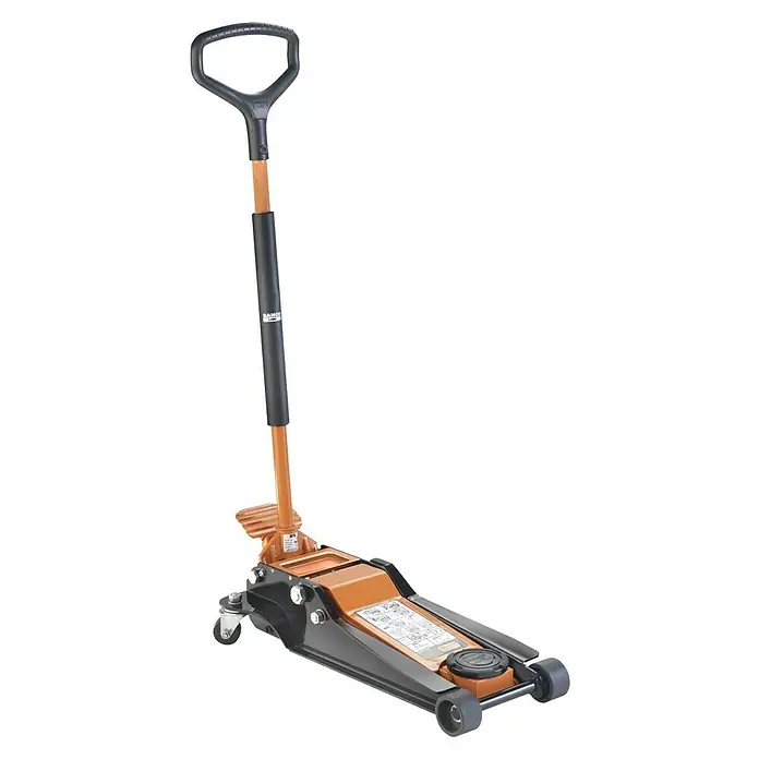 Bahco Hydraulischer Rangierwagenheber BH13000 - Hubhöhe: 90 mm - 550 mm - Ein orangefarbener und schwarzer Rangierwagenheber von Bahco. Das Werkzeug verfügt über einen langen Griff zum Anheben von Autos.